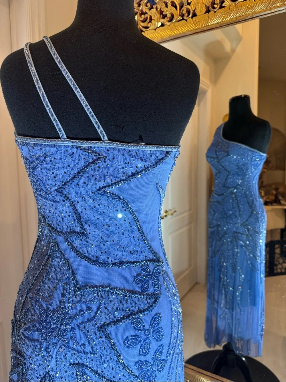 One-Shoulder‎ hand Beaded Dress in periwinkle Blue high low hem stretch fabric